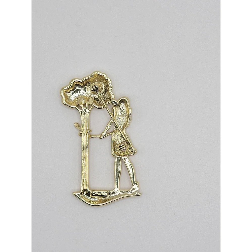 Vintage Gold Tone Girl by Tree‎ Figural Brooch Pin Whimsical Storybook Jewelry